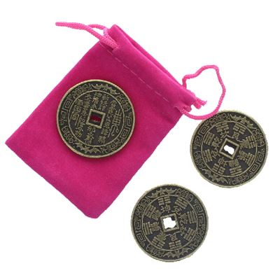 Lucky Feng Shui Chinese Coins Set of 3 in Pink Pouch